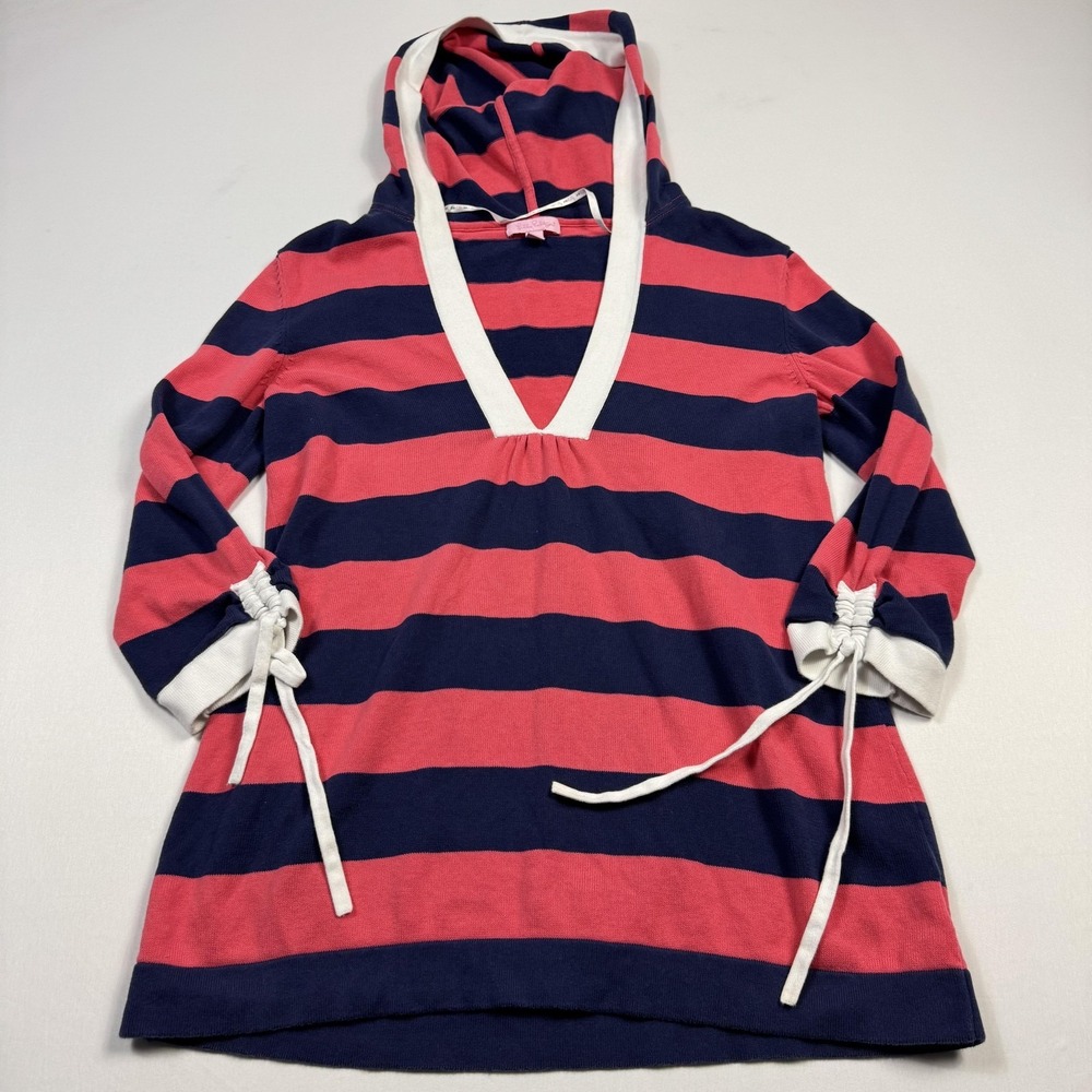 Lilly Pulitzer Pullover Hoodie Womens Small Pink Navy Stripe V Neck Tunic Cotton
